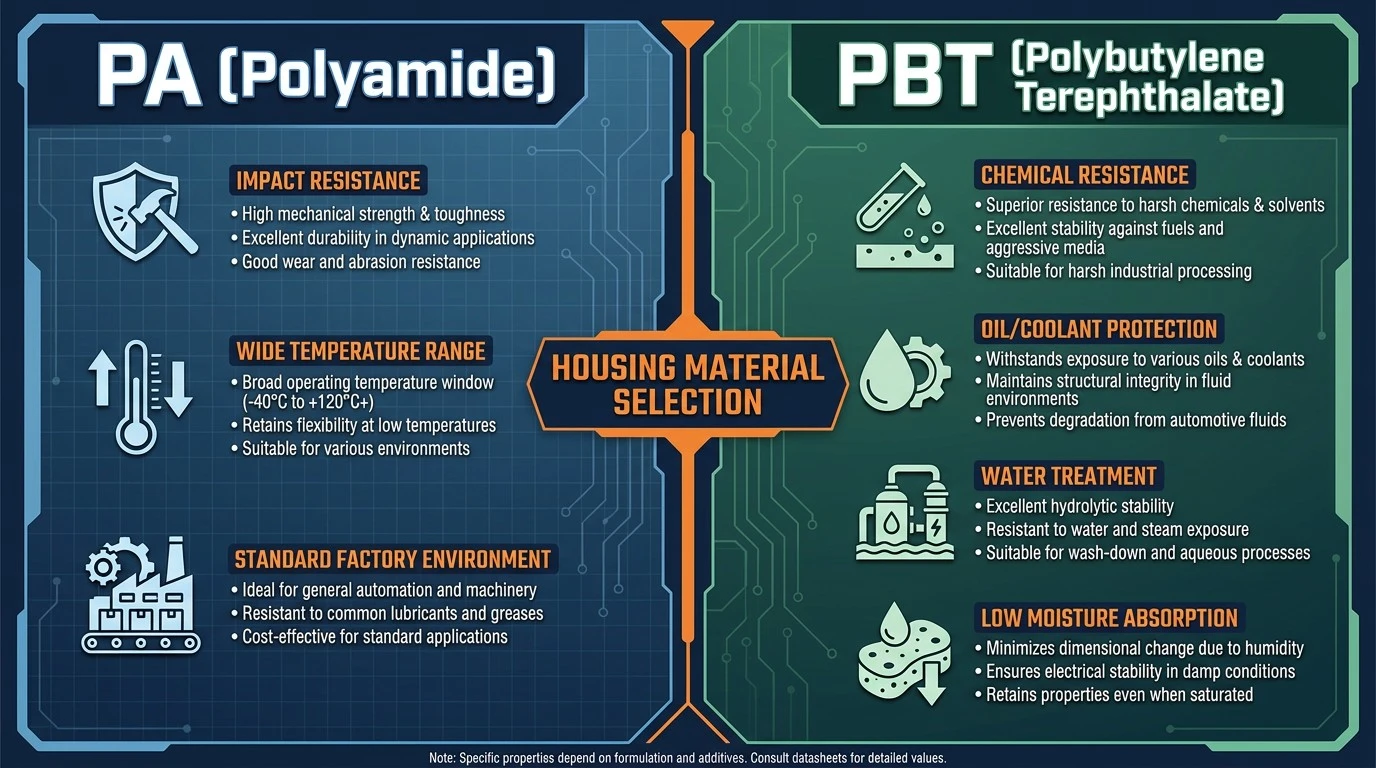 PA vs PBT plastic housing material comparison infographic for electrical connector selection PA vs PBT plastic housing material comparison infographic for electrical connector selection