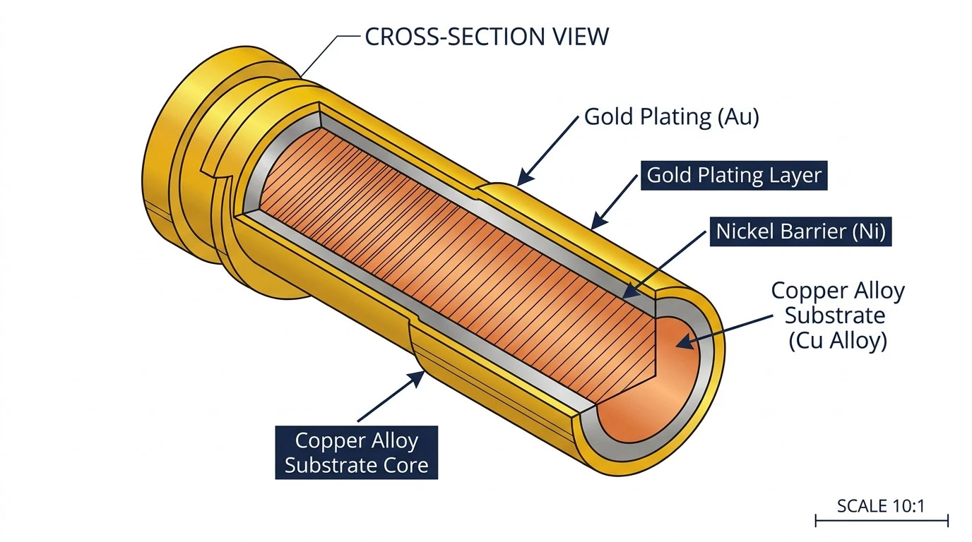 Cross -section diagram of gold- plated copper alloy electrical connector pin with layered structure Cross -section diagram of gold- plated copper alloy electrical connector pin with layered structure