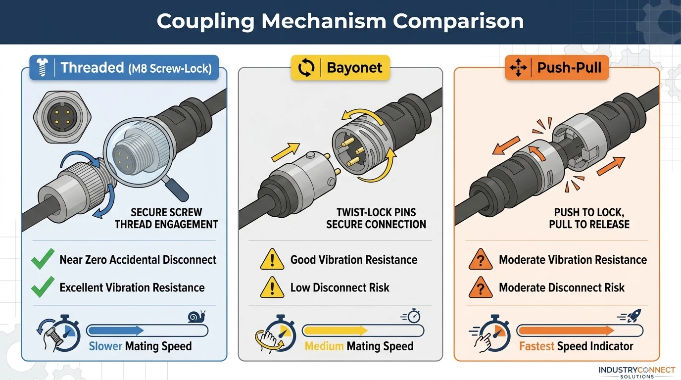 Three M series connector coupling locking mechanism comparison chart threaded bayonet push-pull type Three M series connector coupling locking mechanism comparison chart threaded bayonet push-pull type