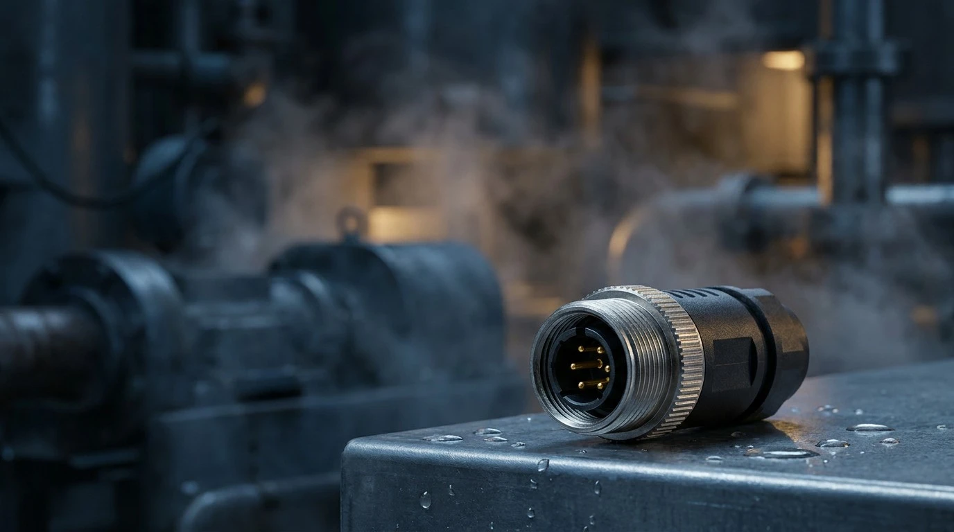 Threaded M12 waterproof circular connector with water droplets in damp industrial workshop background Threaded M12 waterproof circular connector with water droplets in damp industrial workshop background